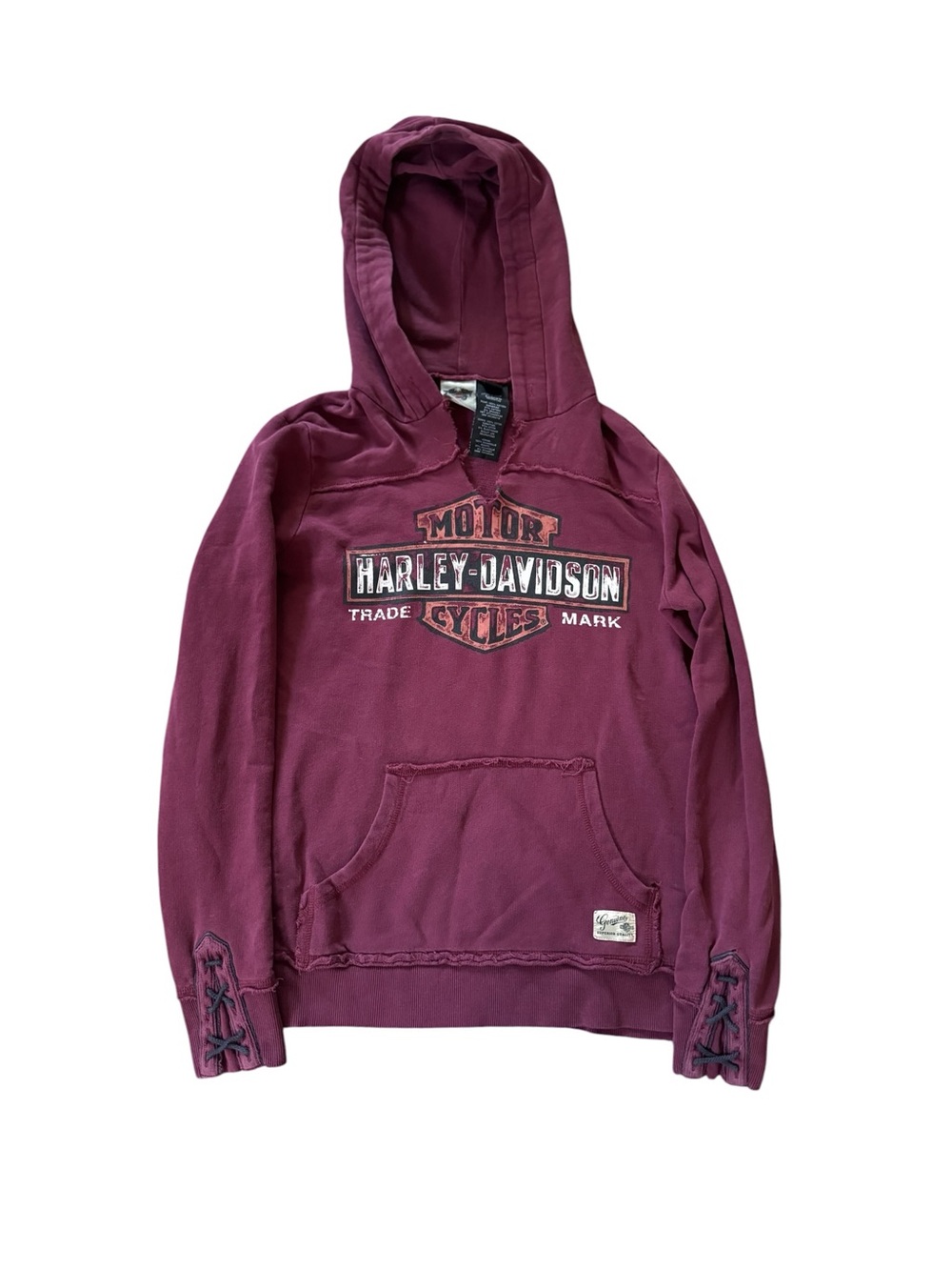 Harley Davidson Women’s Hoodie Medium Maroon Distressed Lace Up Sleeve Pullover